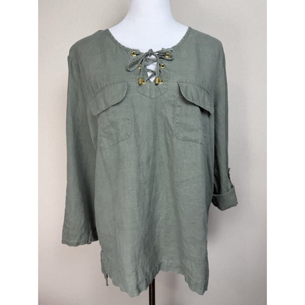 Company Ellen Tracy Green‎ Tunic Lace Up Sz L Casual Classic Work Office